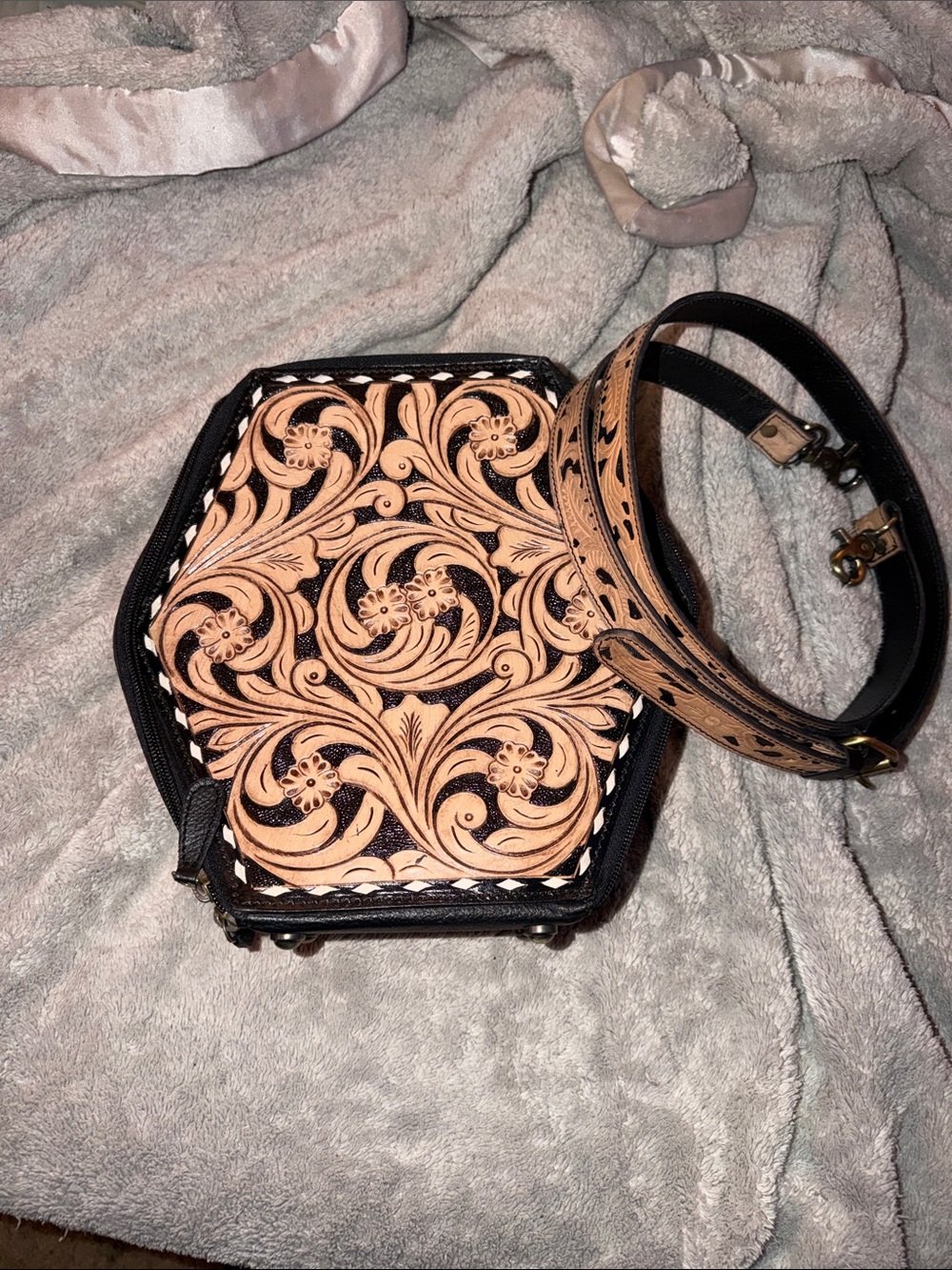 Countryside Co Tooled Leather Crossbody Bag in Tan and Black
